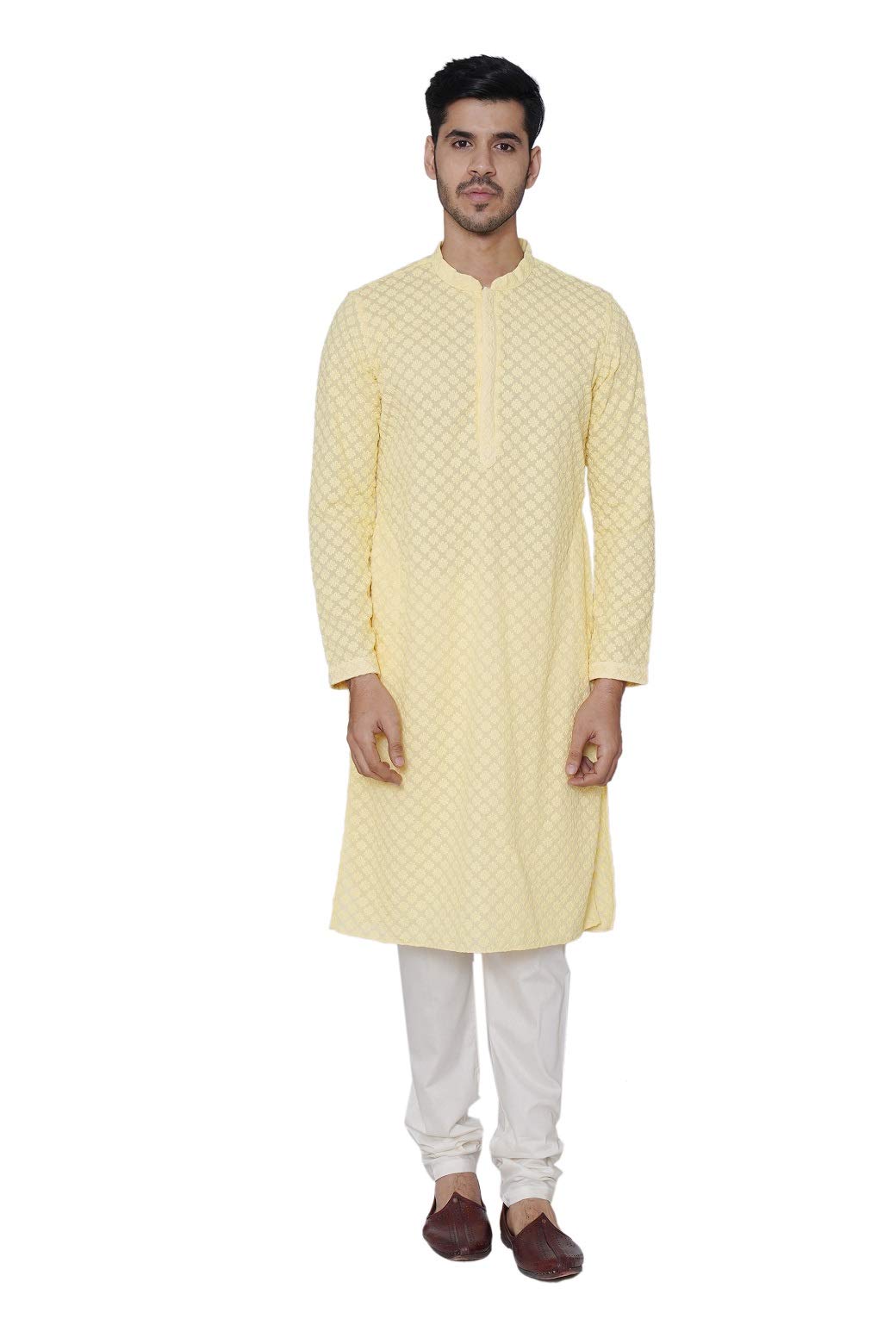 Manyavar Sophisticated SelfDesign Kurta and Churidar Set For Men - (Lemon Yellow, Large)