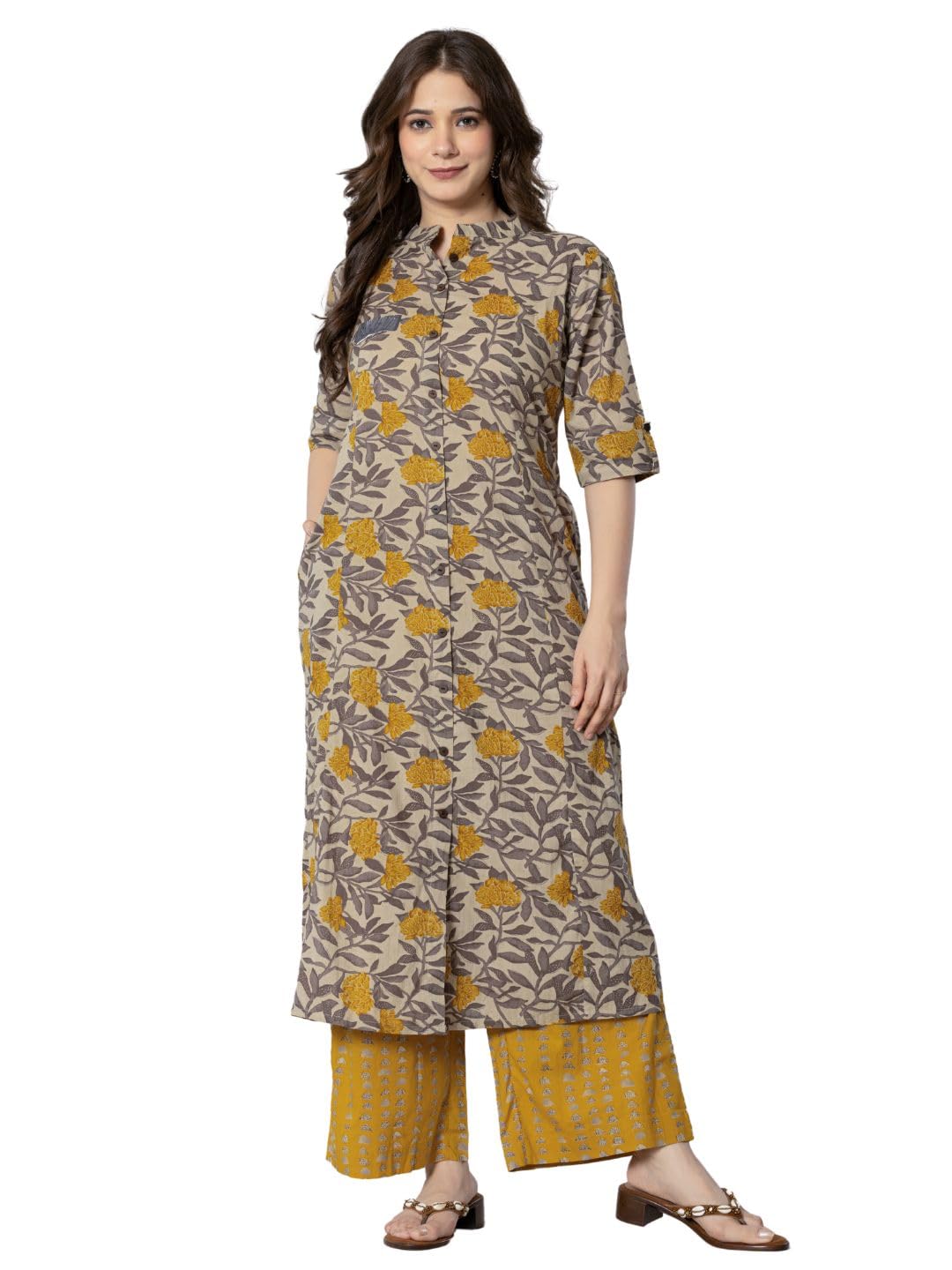 rytras Womens Cotton Printed A-Line Kurta with Palazzo Pant Set(Mustard,RYT583,XXL)