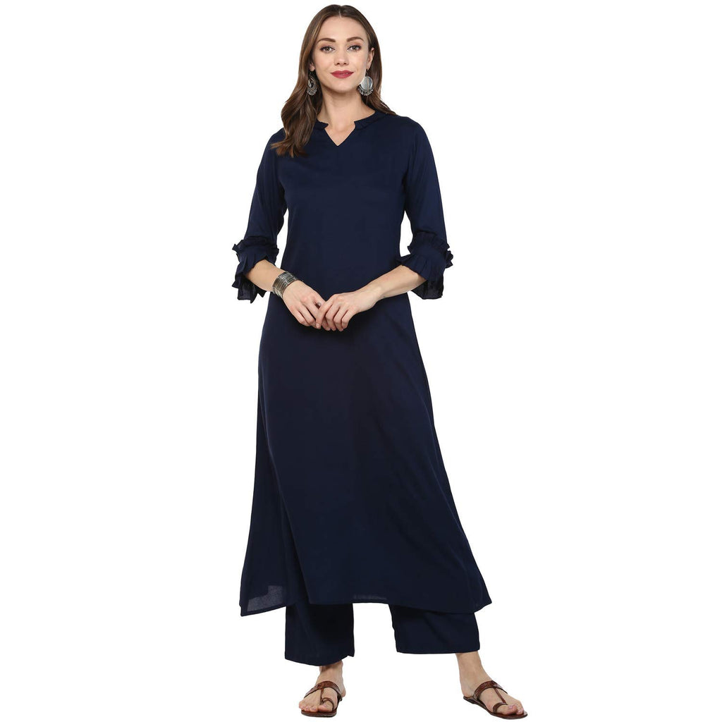 Idalia Rayon Solid Straight Kurta Set For Women 3/4 Sleeve, Round V Neck Designer Kurta With Pant
