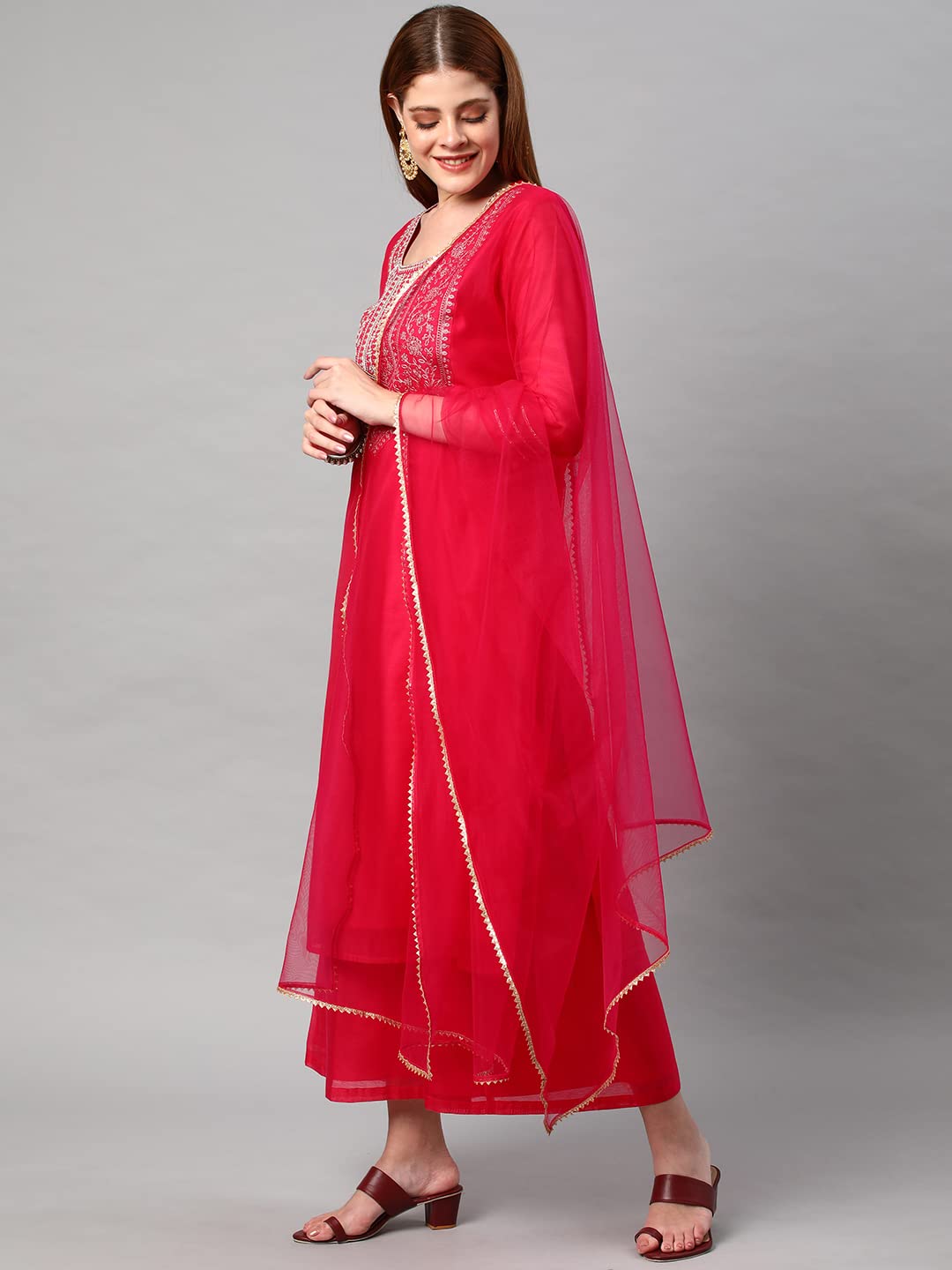 ANNI DESIGNER Womens Cotton Blend Solid Straight Kurta with Palazzos & Dupatta (DHARAN-Pink_M_Pink_Medium)