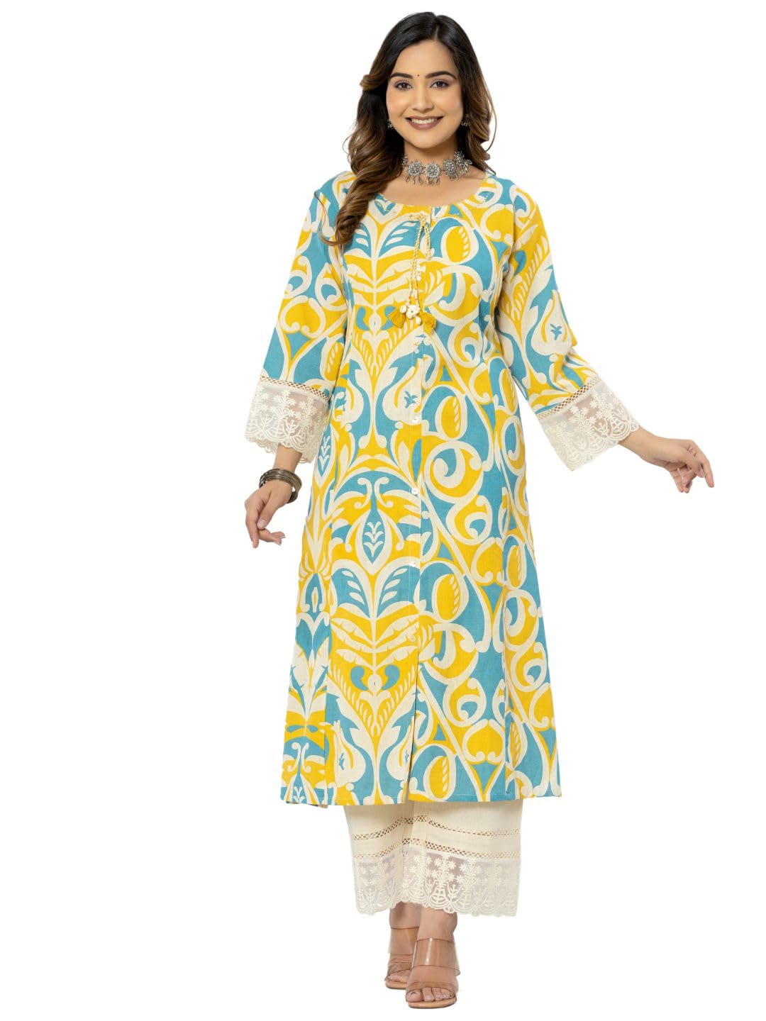rytras Womens Cotton Printed A-Line Kurta with Pant Set(RYT563,Yellow,XXL)