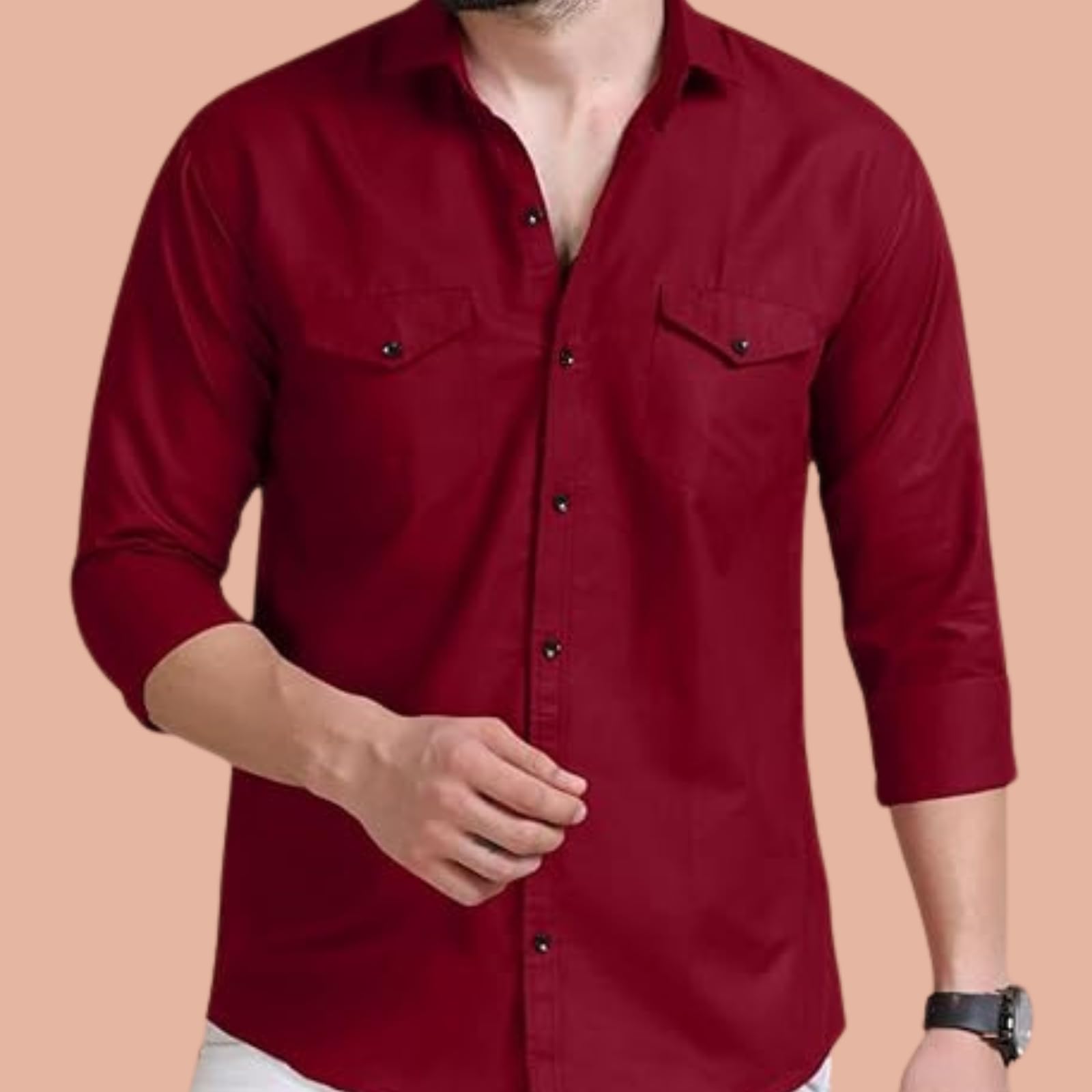 Rebelify Double Pocket MenS Casual Shirt - Regular Fit, Solid Spread Collar, Versatile Everyday Wear, Comfortable And Stylish De