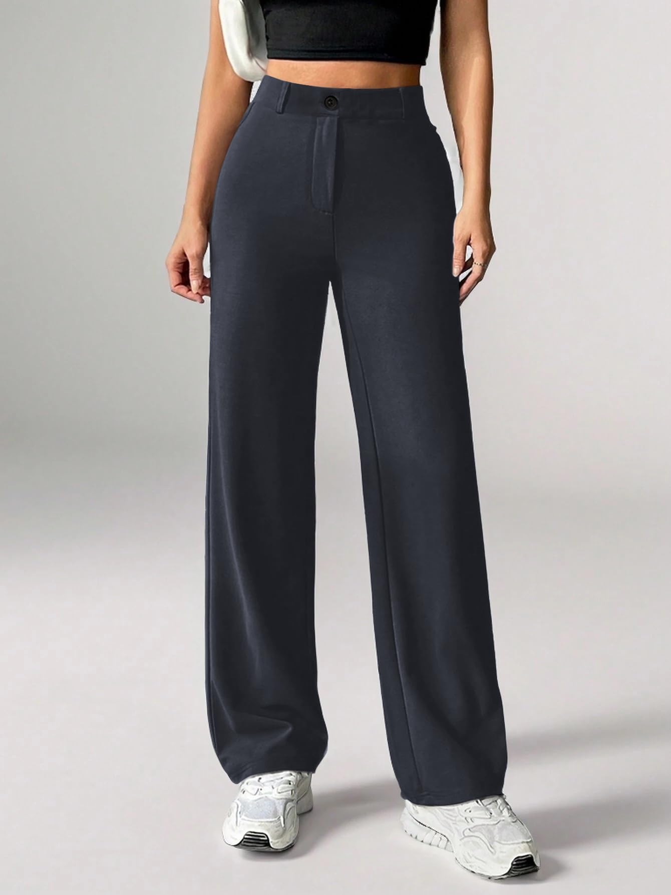 Toochki Straight Pants Trousers for Women with High Waist, Formal Pant for Women Office Wear with Wide Waistband Dark Grey