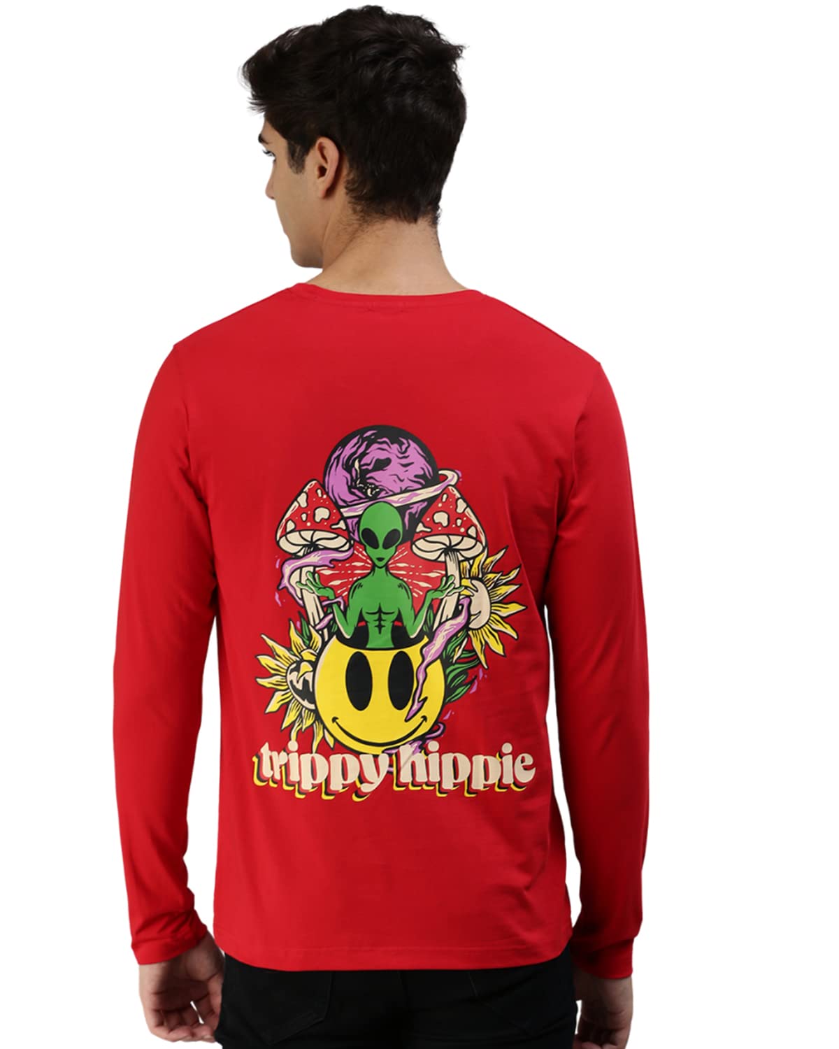 Veirdo Men's Cotton Full Sleeve Round Neck Trippy Hippie Graphic Printed T-Shirt