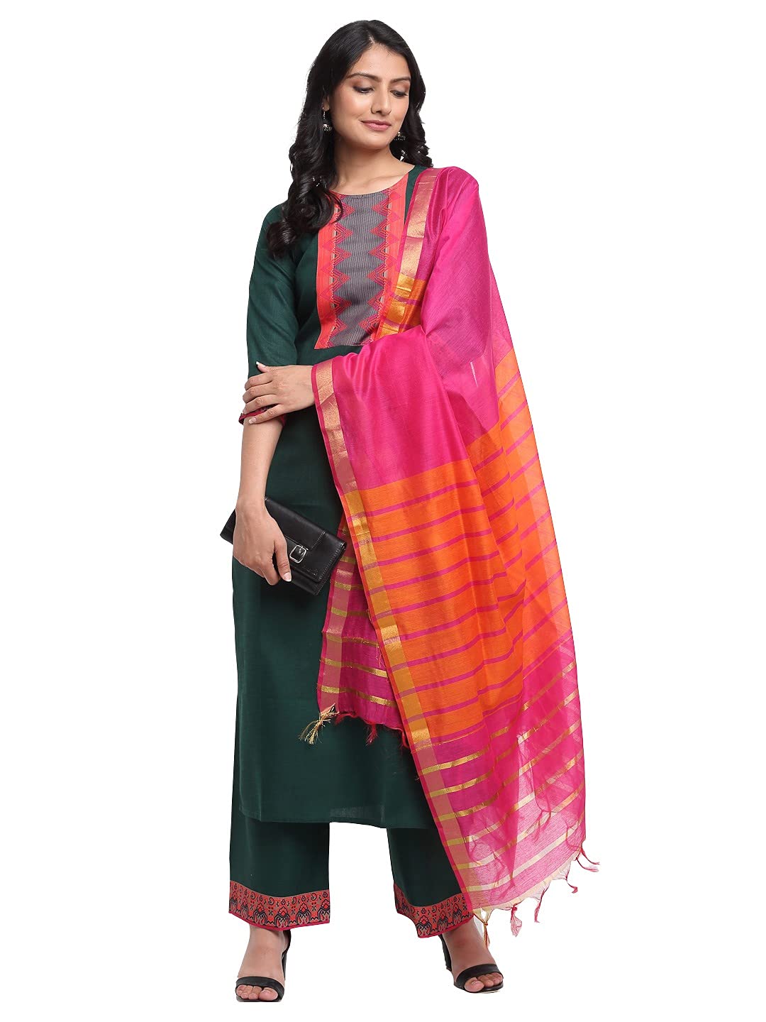 ANNI DESIGNER Womens Cotton Printed Straight Kurta with Palazzo & Dupatta (ANUPMA Green_M_Green_Medium)