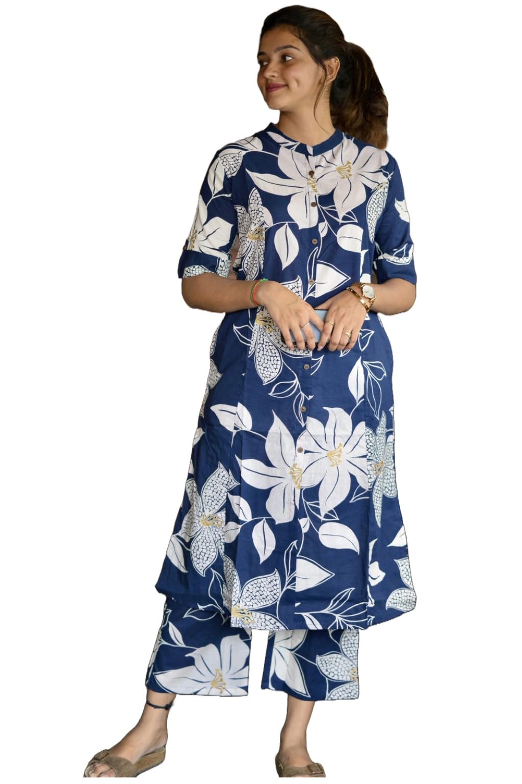 ANNI DESIGNER Womens Rayon Viscose Straight Printed Kurta with Pant (Sunoni Blue_S_Blue_Small)