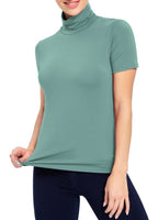 AUHEGN Short Sleeve Mock Turtleneck Stretch Slim T Shirt Layer Top Light Dusty Green Medium