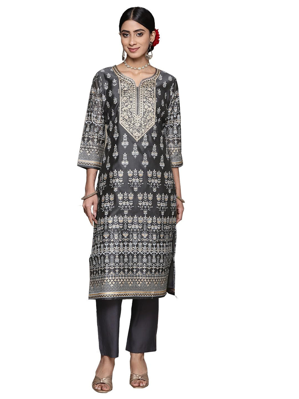 Ishin Women'S Silk Blend Printed Charcoal Straight Kurta Suit Set With Pants
