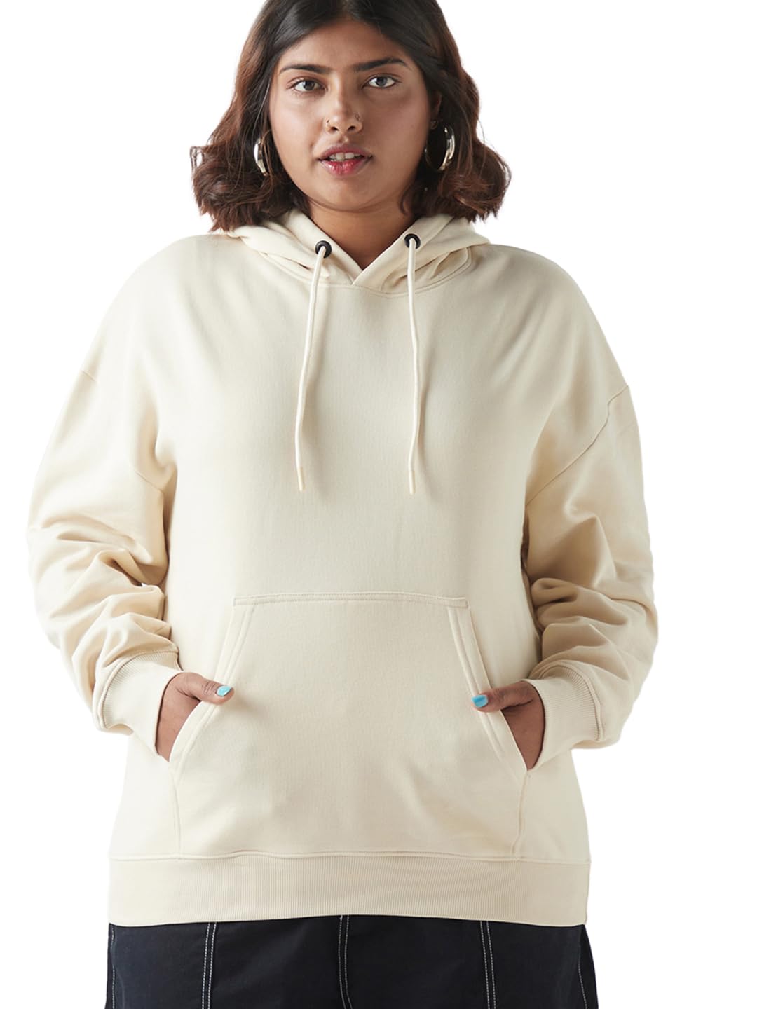 Bewakoof Womens Solid Oversized Fit Full Sleeve Hooded Fleece Blend Plus Size Hoodies_641024_Beige_3XL