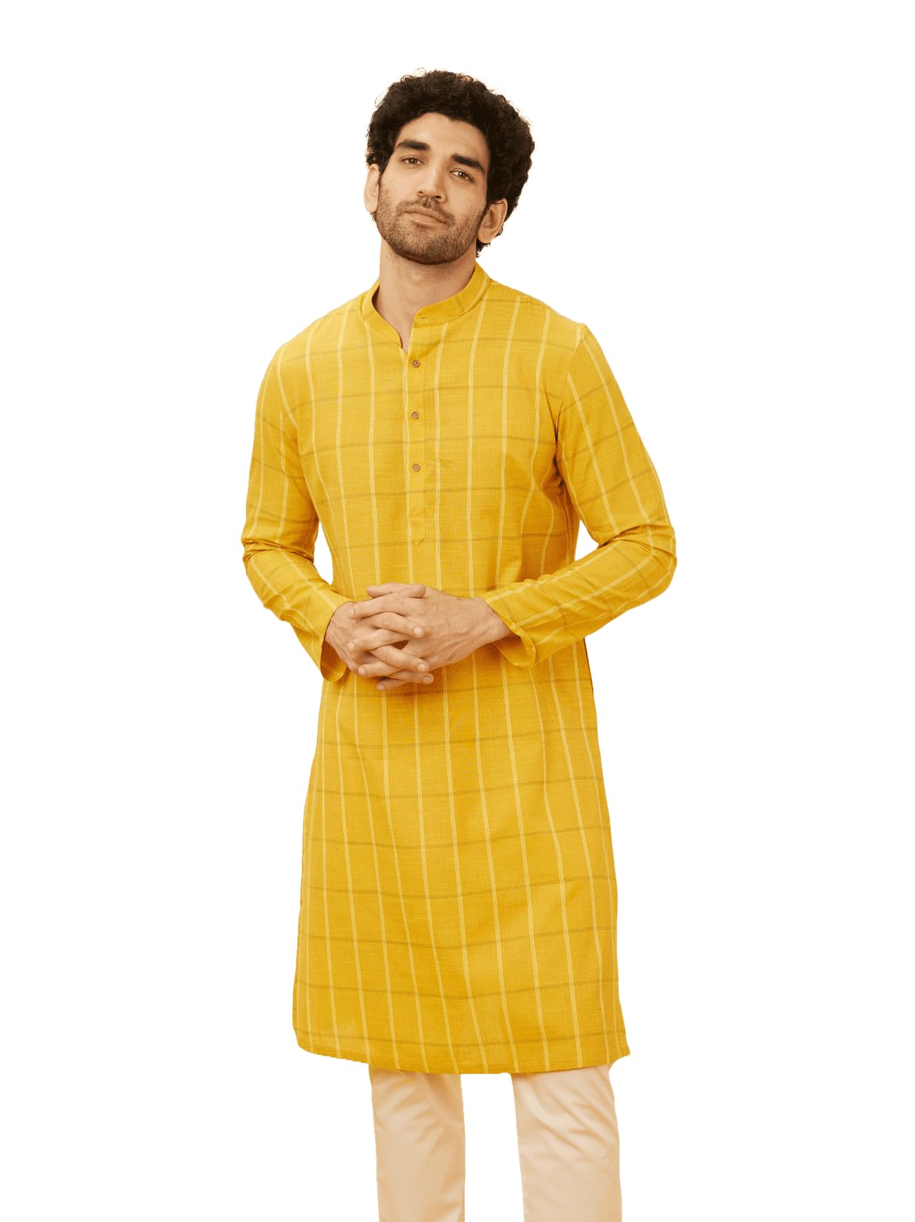 Manyavar MenS Cotton Blend Kurta (Ml12000-328-M_Yellow_M)