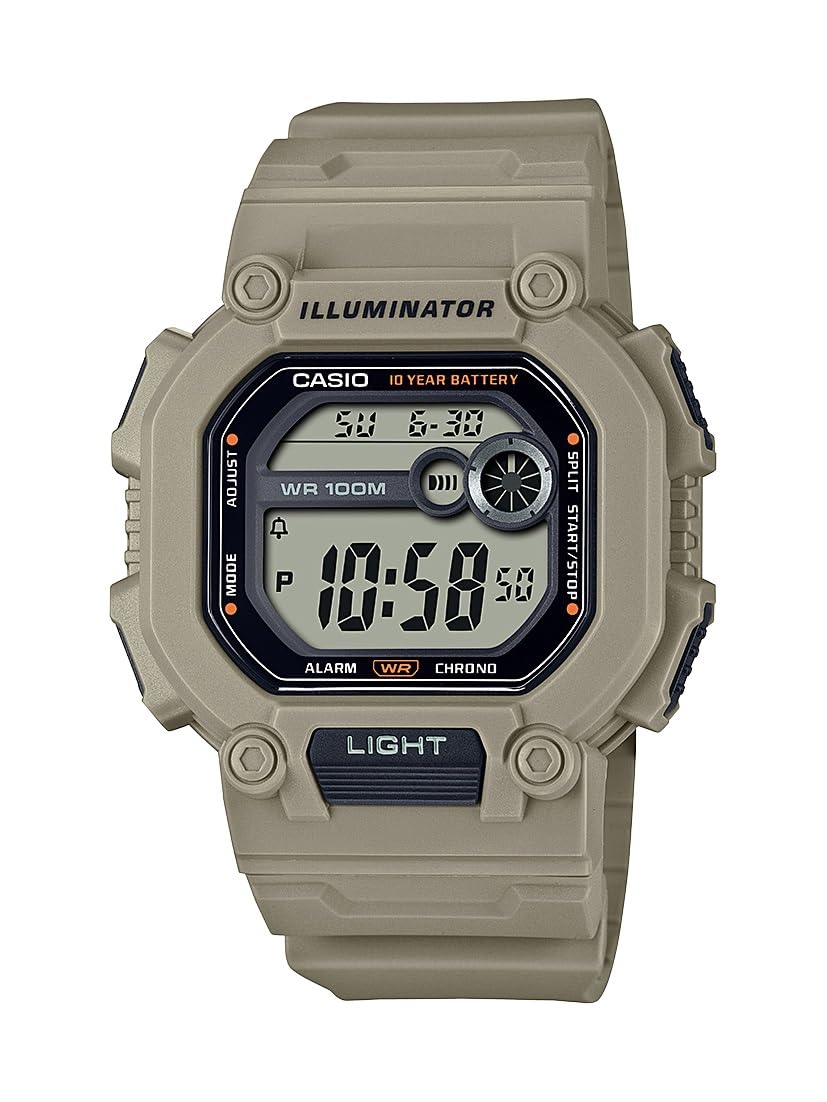 Casio W737HX Series | Mens Digital Watch | Beige/XL Strap | 1/100 SEC Stopwatch | Countdown Timer | Super Illuminator LED Light 