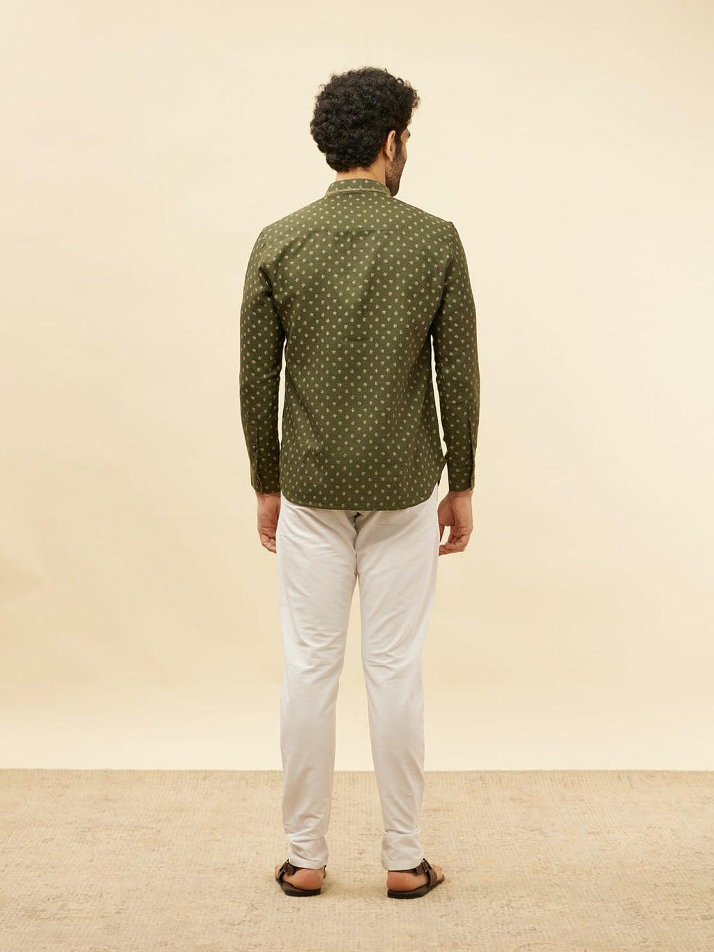 Manyavar Mens Green Blended Viscose Printed Short Kurtas