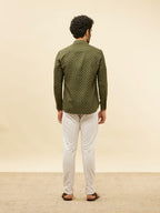 Manyavar Mens Green Blended Viscose Printed Short Kurtas