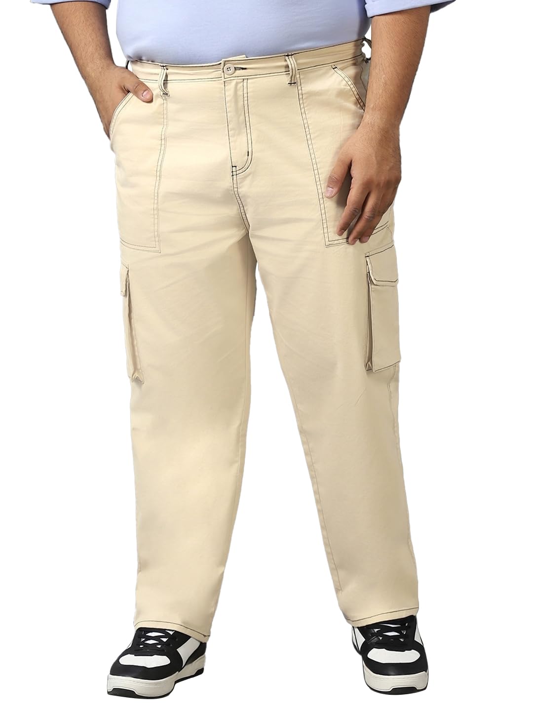 Bewakoof Mens Solid Oversized Fit Cotton Blend Plus Size Cargo Trousers_ 609850 Beige_ 38