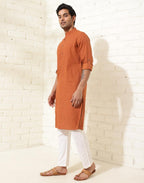 Fabindia MenS Cotton Printed Slim Kurta (1037104Rust_Rust