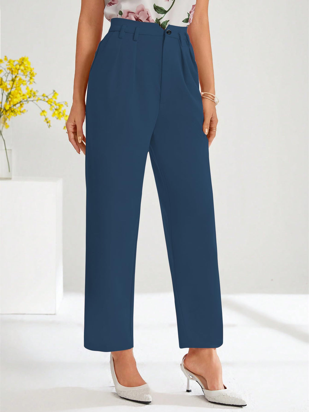 Shasmi Womens Morpeach High Waist Pleated Straight Leg Trousers  Elegant Solid Color Work Pants with Pockets, Casual Office Wear