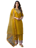Sanisa Womens Art Silk Sequence Embroidery Work Straight Kurta with Pant and Dupatta (163KBD1753N-S_Mustard Yellow3)