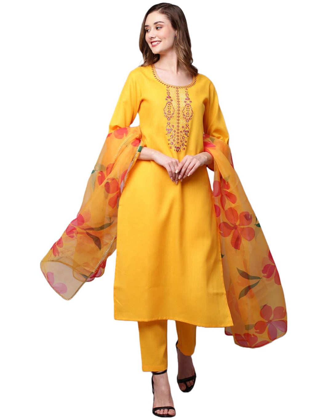 ANNI DESIGNER Ladies Cotton Blend Kurta with Trousers and Dupatta, yellow, S