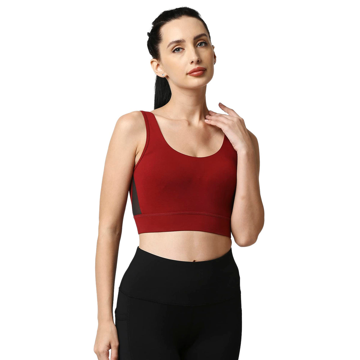 Soie Women Medium Impact Cotton Spandex Non Padded Non Wired Long Line Sports Bra, (Cb910_Maroon_M)