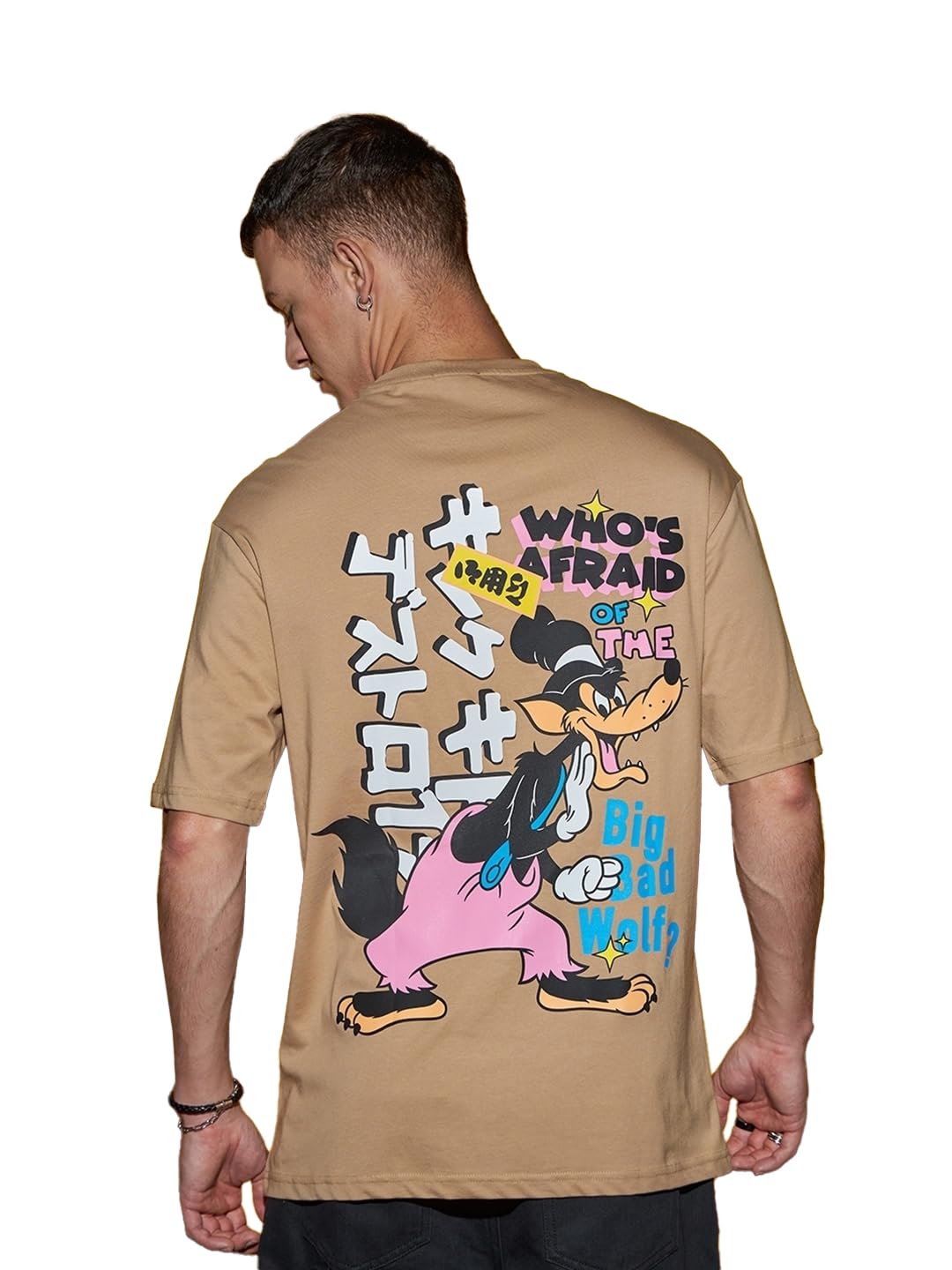 Bewakoof Official Disney Merchandise Mens Graphic Printed Oversized Half Sleeve Round Neck Cotton Jersey T-Shirt_624575_Brown_X