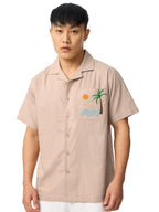 The Souled Store Aurora Men and Boys Short Sleeves Collared Neck Button Front Beige Embroidered Cotton Holiday Shirts