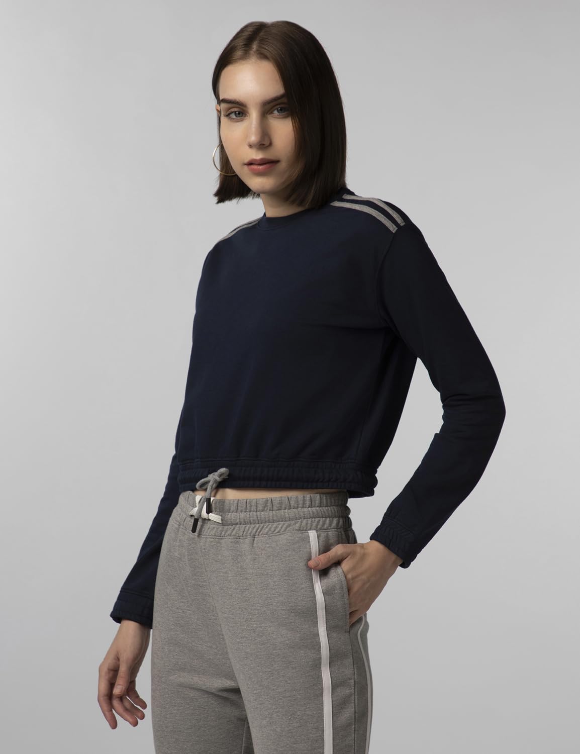 FYLTR Womens Round Neck Drop Shoulder Sweatshirt - Full Sleeve | Elasticated Waist & Cuff | Boxy Fit | Stripe Detailing