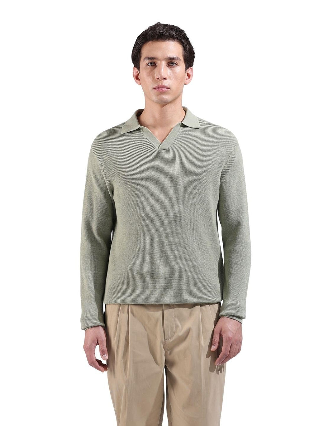 The Indian Garage Co Mens Slim Fit Textured Flatknit Full Sleeves Polo T-Shirt