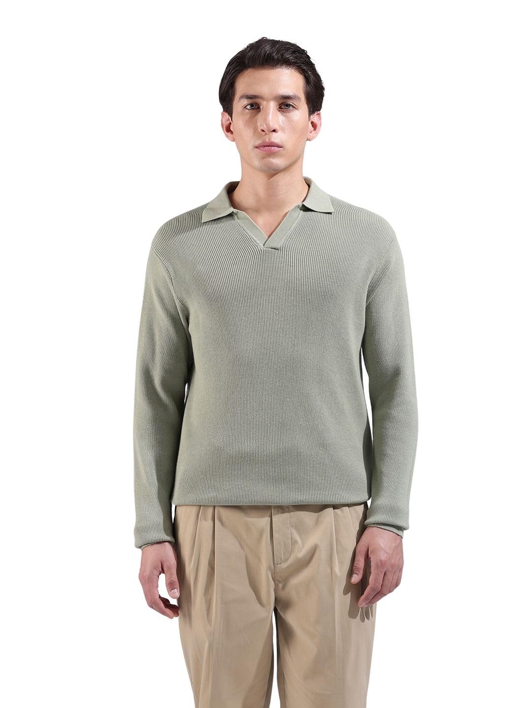 The Indian Garage Co Mens Slim Fit Textured Flatknit Full Sleeves Polo T-Shirt