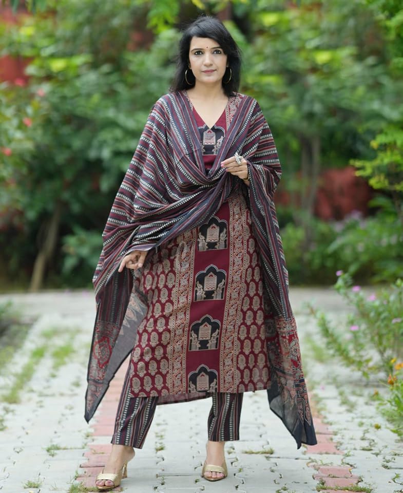 ANNI DESIGNER Womens Rayon Viscose Printed Straight Kurta with Pant & Dupatta (SARANGPUR Maroon_L_Maroon_Large)