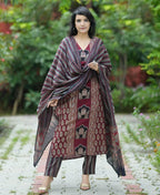 ANNI DESIGNER Womens Rayon Viscose Printed Straight Kurta with Pant & Dupatta (SARANGPUR Maroon_L_Maroon_Large)