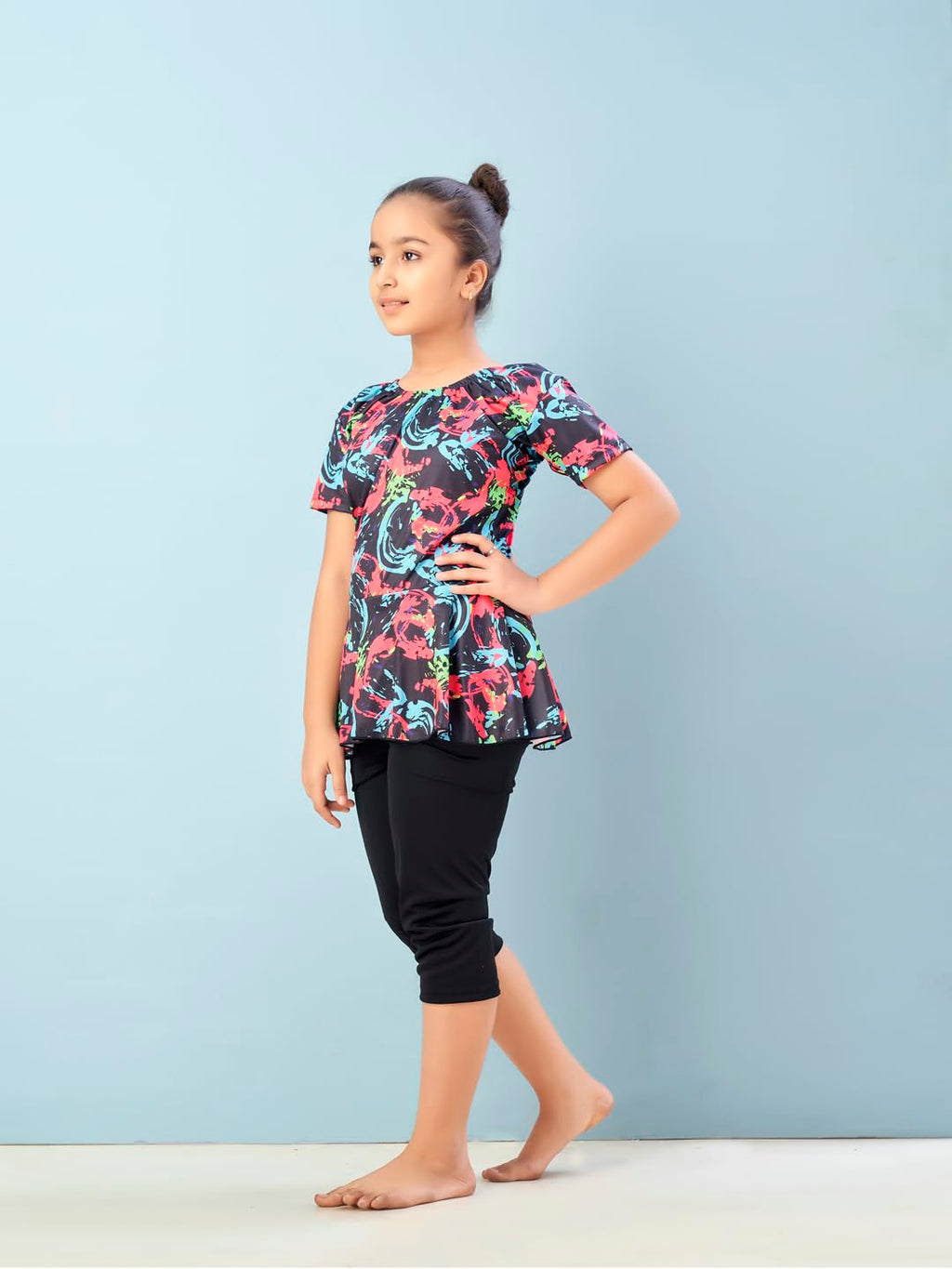 Aarika Girls Sports Wear Black-Rani Colour Abstract Print Nylon Swim Suit (5-15 Years)-(SW-SHM-C-1119)