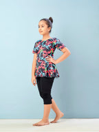 Aarika Girls Sports Wear Black-Rani Colour Abstract Print Nylon Swim Suit (5-15 Years)-(SW-SHM-C-1119)