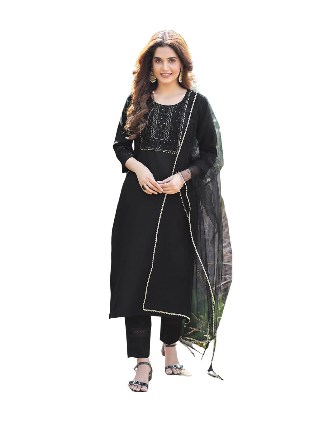 Sanisa Womens Cotton Blend Embroidery Straight Kurta with Pant and Gota Lace Work Dupatta (80KBD899NZ-XXL_Black)