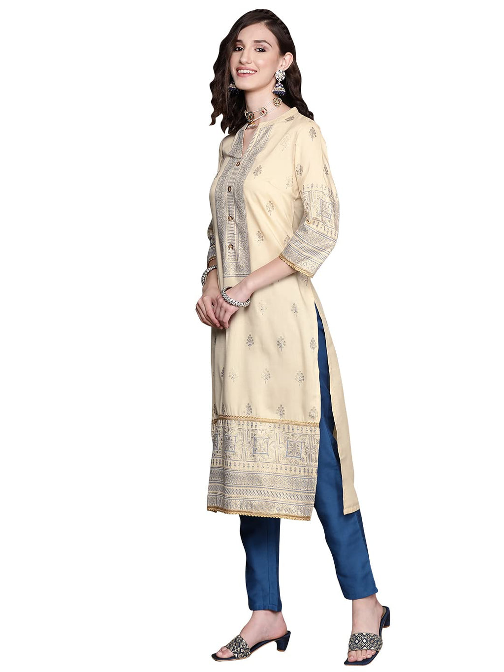 Ziyaa Women'S Cream Chinon Straight Kurta And Pant Set(Zikuch3820Andpa)