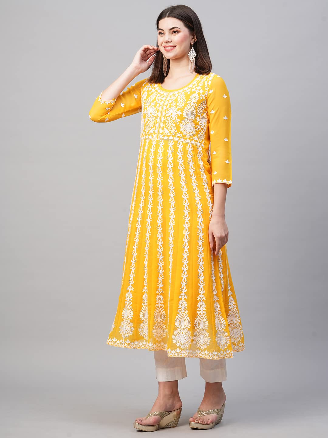 ANNI DESIGNER Womens Georgette Chikankari Embroidered Anarkali Kurti (Naav Yellow-Nw2_S_Yellow_Small)