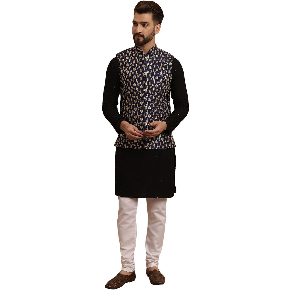 SOJANYA (Since 1958 Mens Cotton Black Kurta and White Pyjama NavyBlue Embroidery Nehru Jacket