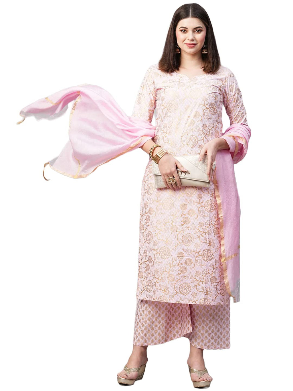 ANNI DESIGNER Women's Cotton Blend Printed Straight Kurta with Palazzos & Dupatta (Ghost-Off-Pink_XL_Pink_X-Large)