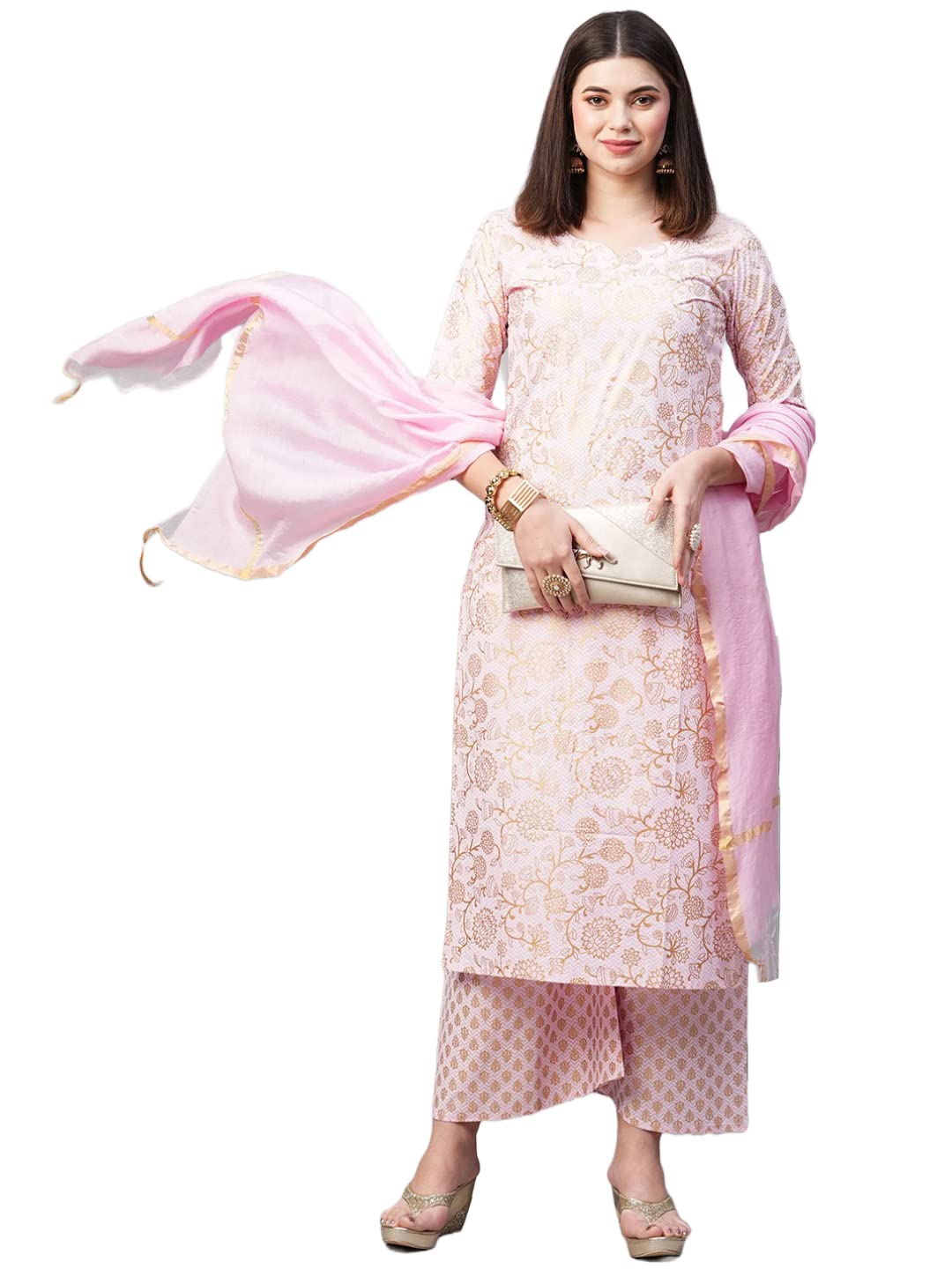 ANNI DESIGNER Women's Cotton Blend Printed Straight Kurta with Palazzos & Dupatta (Ghost-Off-Pink_XL_Pink_X-Large)