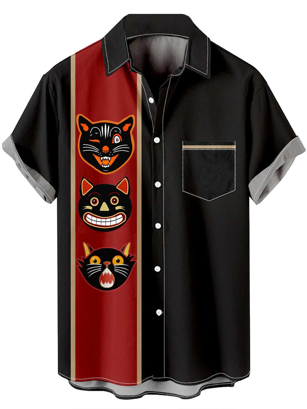 Men's Halloween Art Themed Short Sleeve Shirt, Color Block Button Up Funny Clown Cat Print Shirts Black Clown Cat