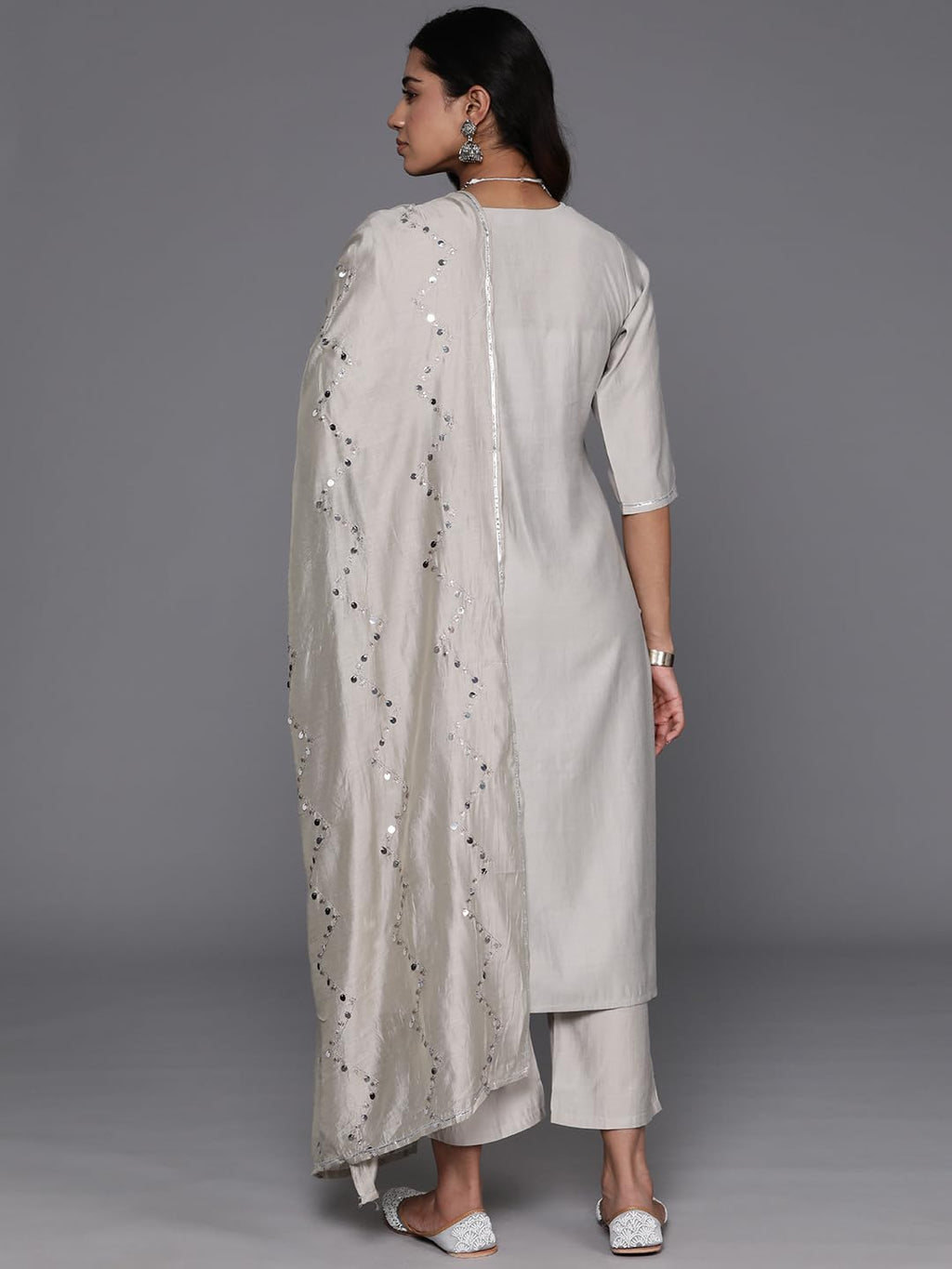 Libas Grey Yoke Design Silk Blend Straight Kurta With Trousers & Dupatta