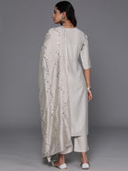 Libas Grey Yoke Design Silk Blend Straight Kurta With Trousers & Dupatta