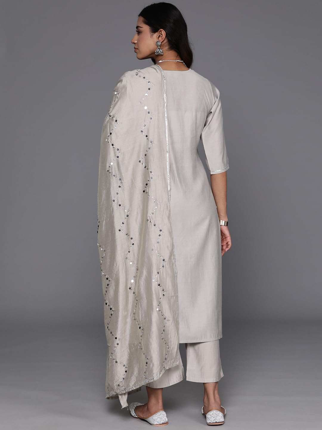 Libas Grey Yoke Design Silk Blend Straight Kurta With Trousers & Dupatta