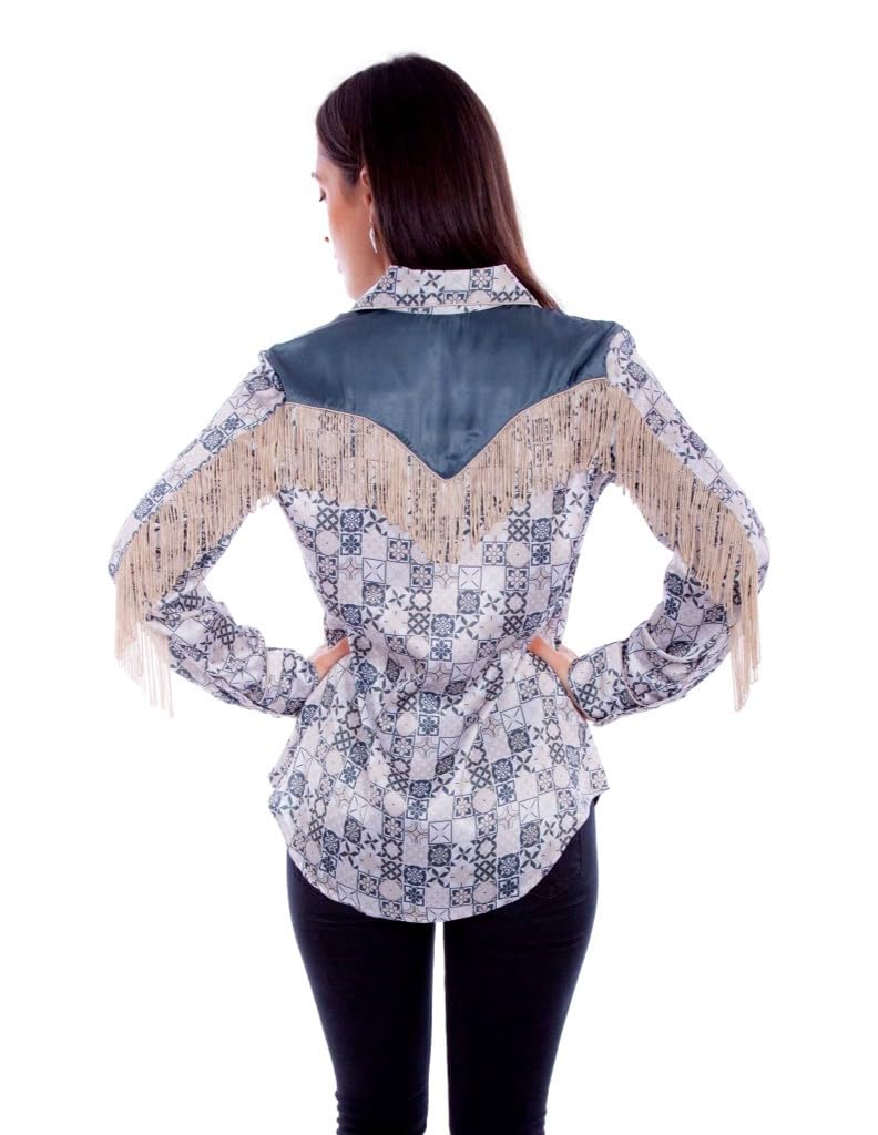 PRINT BLOUSE W/BACK FRINGE