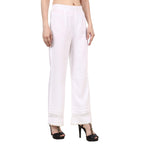 Popwingscasual Rayon White Flat Front Straight Leg Lace Work Palazzo For Women || Pull-On Palazzo For Women || Long-Length Summe