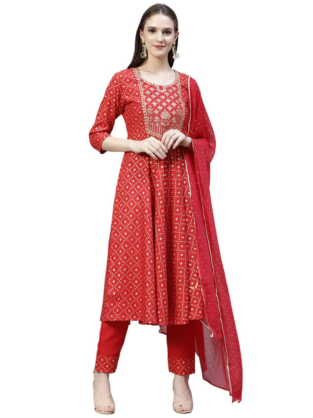 Gosriki Women'S Cotton Blend Printed Straight Kurta With Pant & Dupatta (Karwa-Gs)