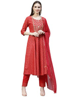 Gosriki Women'S Cotton Blend Printed Straight Kurta With Pant & Dupatta (Karwa-Gs)