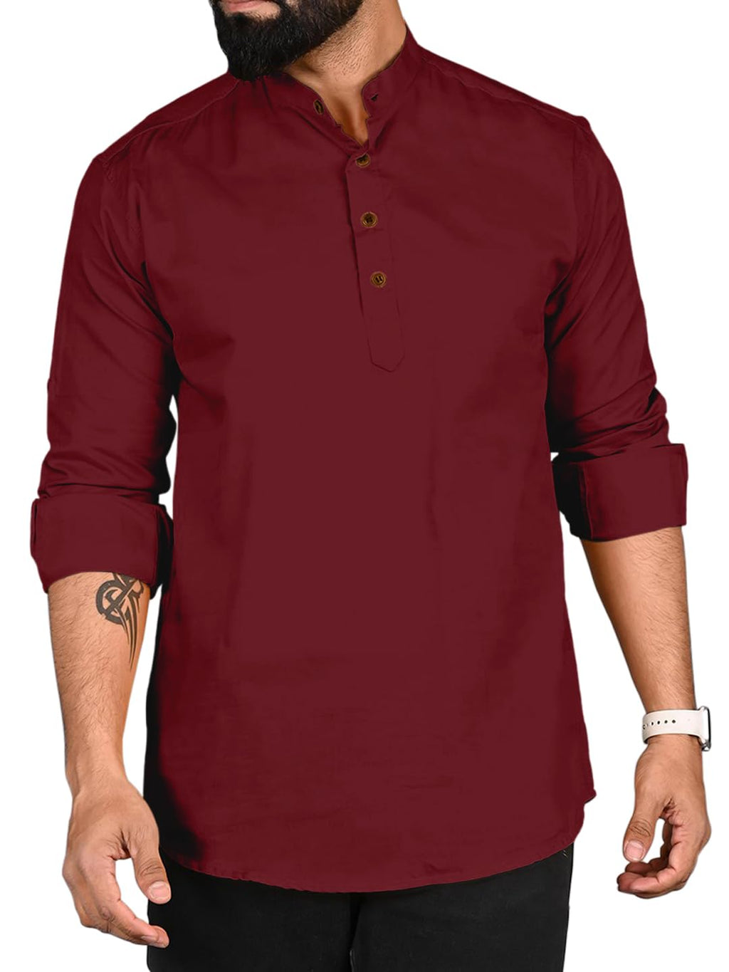 Royalscout MenS Cotton Polyester Blend Solid Regular Fit Full Sleeve Short Kurta Maroon