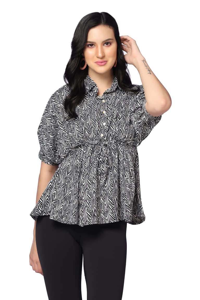 Leriya Fashion Tops For Women || Rayon Zig Zag Printed Tops For Women || Collared Neck || Casual Tops For Women || Front Plated 