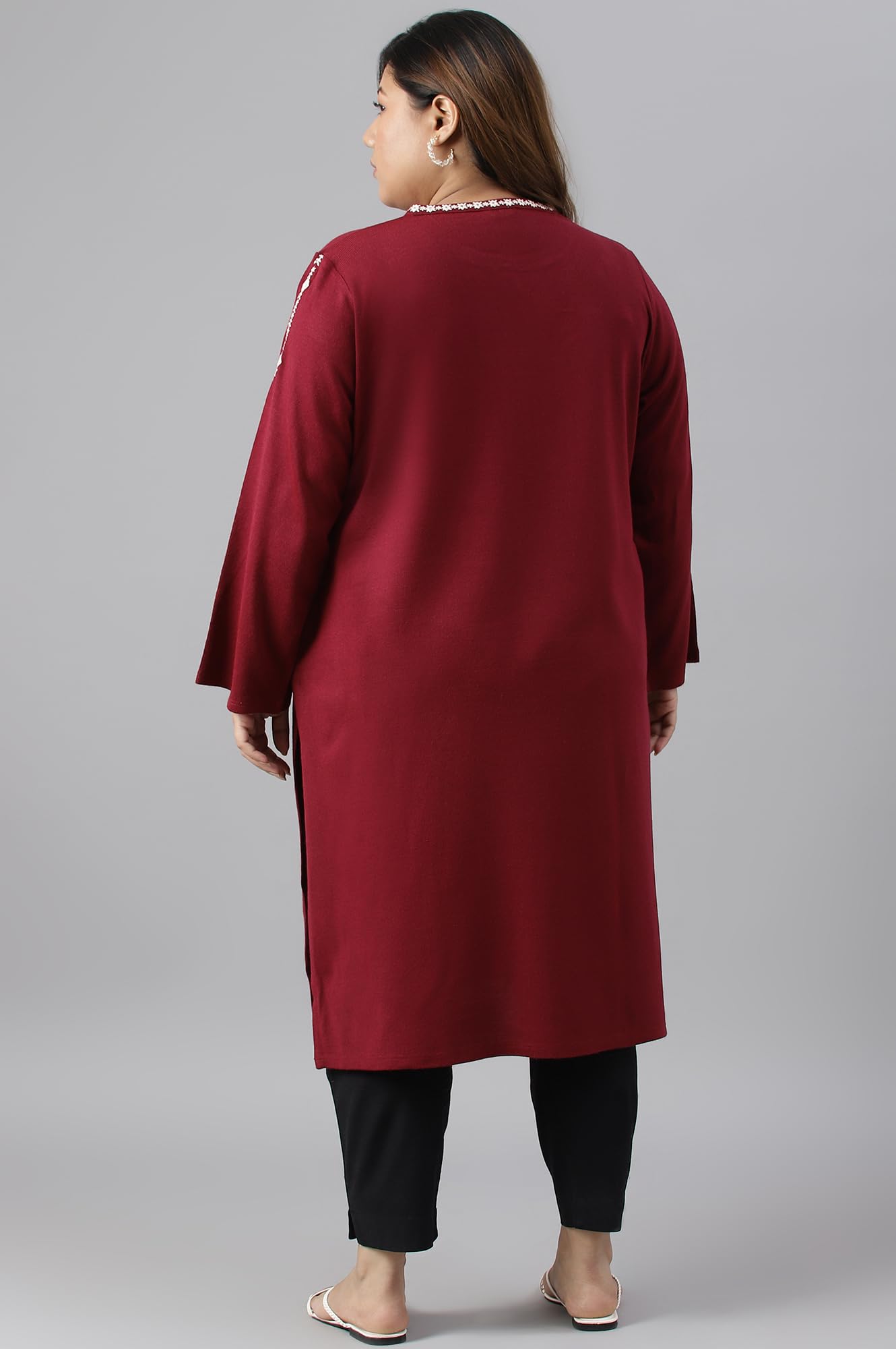 W For Woman Dark Red Embroidered Plus Size Winter Kurta