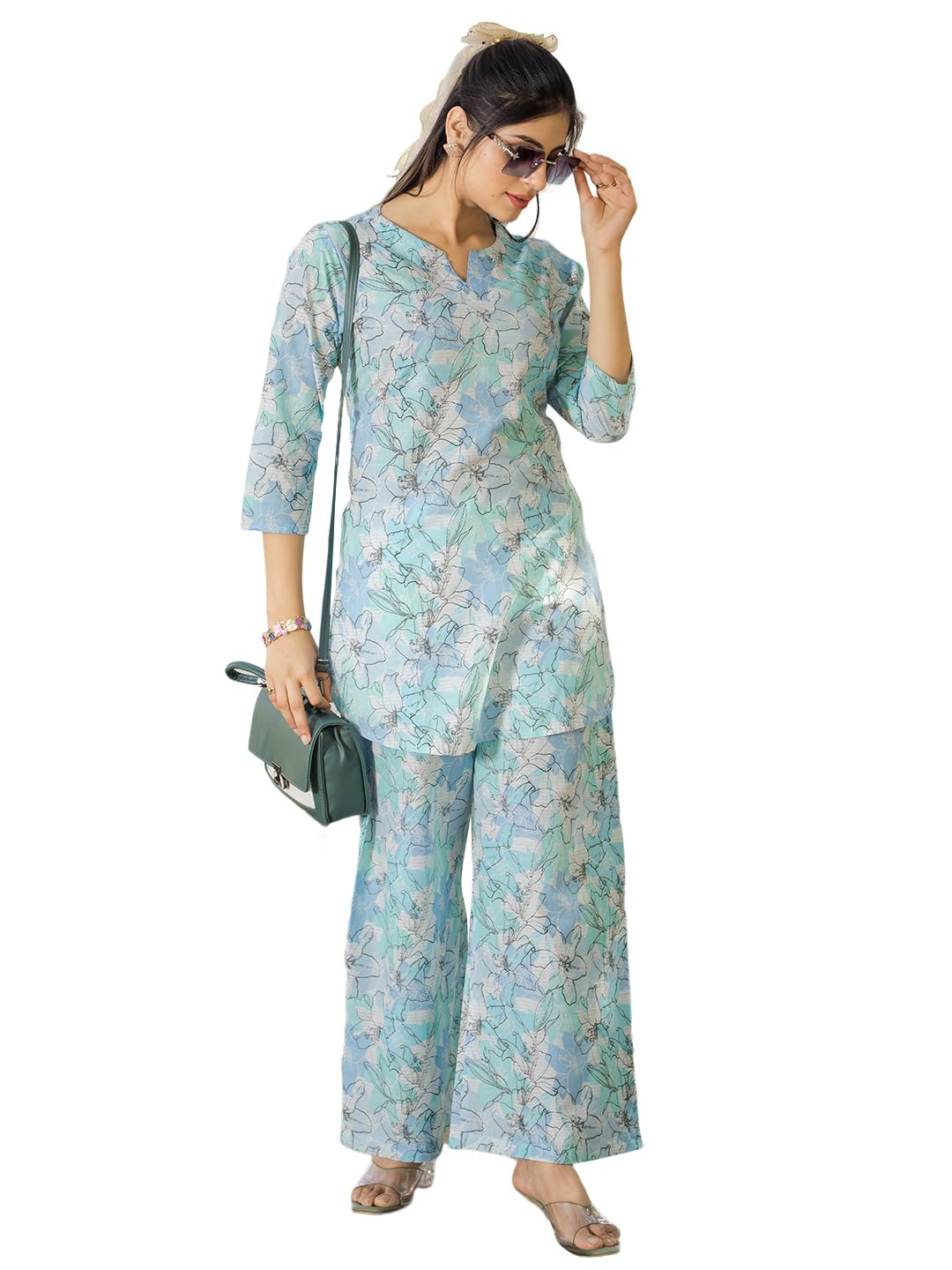 Pinkmint Pure Cotton Co Ord Set For Women L Flower & Leaf Pattern Set L 3/4 Sleeve Co Ord Set